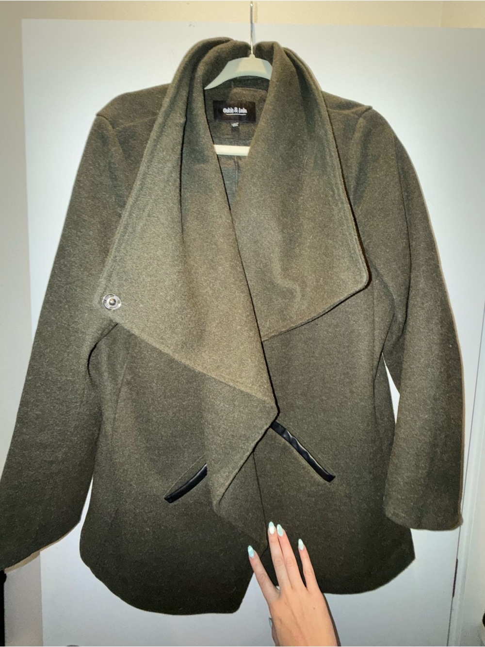 Olive Draped Shawl Collar Pea Coat with Faux Leather Accents